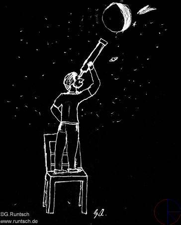 Zeichnunng: Mann steht mit einem Fernrohr auf einem Stuhl und schaut in den Himmel